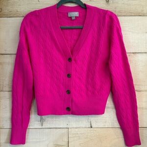J Crew Hot Pink Cashmere V-neck Cable Knit Cardigan Sweater Size S